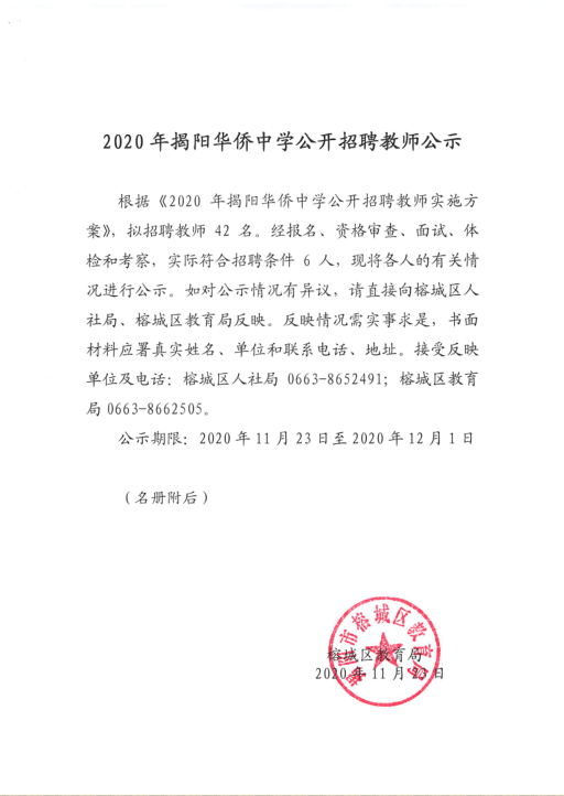 2020年揭阳华侨中学公开教师招聘拟聘公示1
